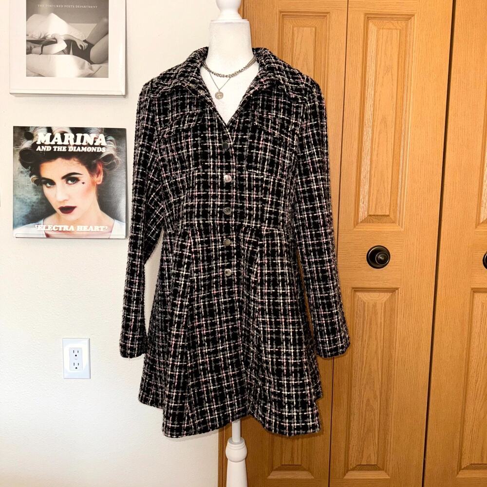 Laundry By Shelli Segal Fit & Flare Coat Womens L Black White Plaid Tweed Jacket